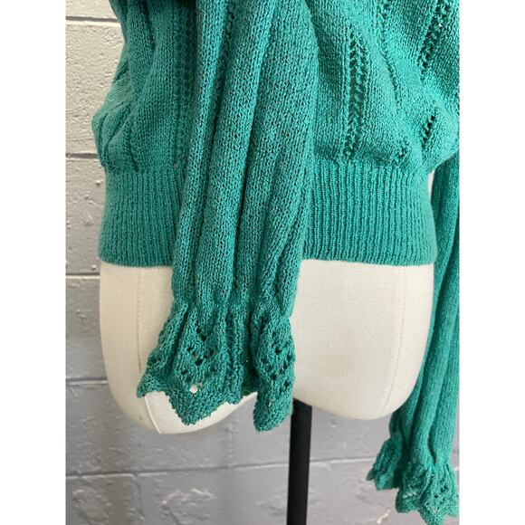 Vintage 1980s Teal Knit Cropped Sweater Lace Collar Cuffs Med Cottage Preppy - Picture 7 of 10